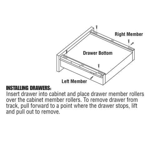 Diagram showing installation of Seventeen And Three Quarters Inch Drawer Slide Kit For Most Bottom And Side Mounted Drawers Self Closing Steel Tracks