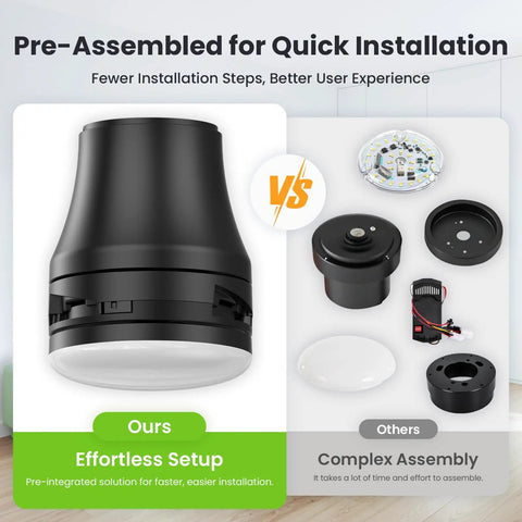 42 Inch Ceiling Fan With Bright Light And Wireless Remote Boasting Ultra Fast No Sweat Setup With Secure Snap Blades, pre-assembled for quick installation.