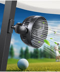 Magnetic Golf Cart Fan With 10000mAh Battery, Rechargeable, 3 Speeds, Up To 30 Hours Run Time, LED Lantern, 360 Degree Rotatable Head, Fits EZGO Club Car Golf Carts, Portable All Day Cooling For Your Rounds attached to a golf cart, blowing breeze outdoors.