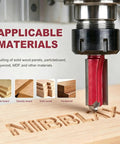 Heavy Duty Straight Router Bit Featuring Heat Treated Tungsten Carbide Blades cutting various wood materials.