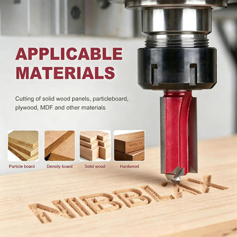 Heavy Duty Straight Router Bit Featuring Heat Treated Tungsten Carbide Blades cutting various wood materials.