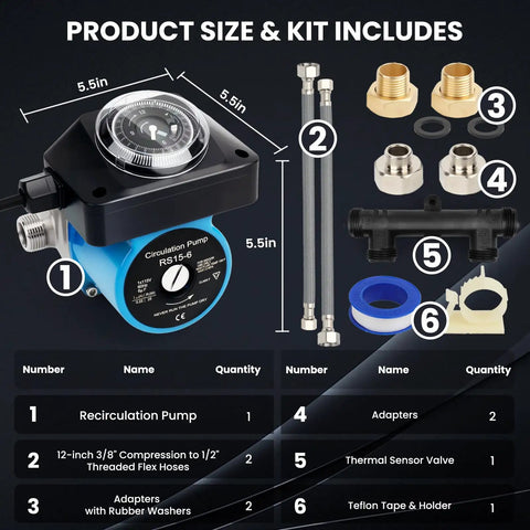 Instant Hot Water Recirculating Pump Kit Slashes Water Bills by 15000 Gallons A Year Includes Programmable Timer with accessories
