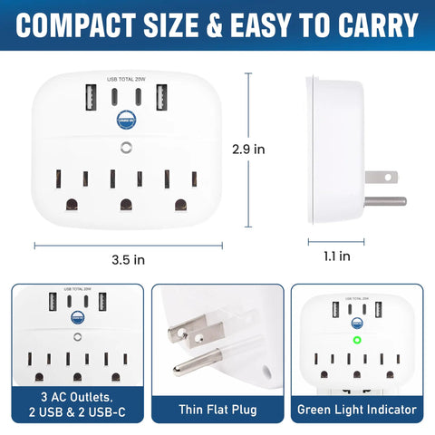 Non Surge Cruise Power Strip With Two USB C Ports, Two USB A Ports, And Three AC Outlets, Cruise Ship Compliant For Carnival