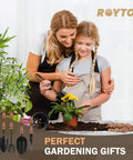 Mother and daughter gardening with Five Piece Garden Tool Set With Stainless Steel Heads And Ergonomic Walnut Handles.