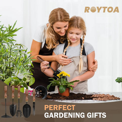 Mother and daughter gardening with Five Piece Garden Tool Set With Stainless Steel Heads And Ergonomic Walnut Handles.