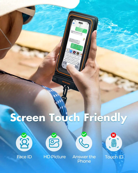 Person using Floating Waterproof Phone Pouch 2 Pack IPX8 Dry Bag Case by pool, showcasing screen touch access.