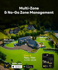 Beast Robot Lawn Mower For Large Yards Up To Six Acres With AI Vision RTK Navigation showcasing zone management on app interface.