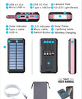 Massive 49800mAh Solar Power Bank With Built In Four Cables And 22.5W Fast Charging Solar Panel Charger For Traveling Camping Emergency And Outdoor Adventures Pink, shown with its specifications, accessories, and design features.