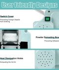 User friendly designs of Automatic Commercial Dumpling Skin Maker Machine with switch cover, powder box, and heat holes.