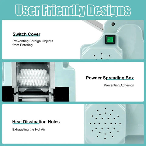 User friendly designs of Automatic Commercial Dumpling Skin Maker Machine with switch cover, powder box, and heat holes.