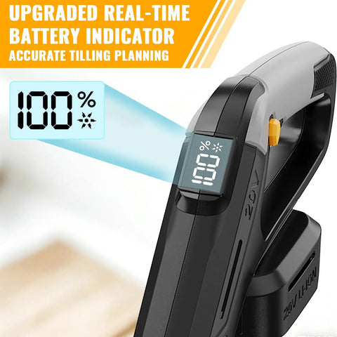 Beefed Up Cordless Tiller with DeWalt 20V Max battery, showing real-time battery indicator for accurate tilling
