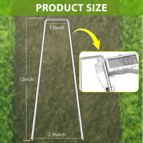 Heavy Duty 12 Inch Landscape Staples U Shaped Ground Stakes Galvanized 8 Gauge Steel For Outdoor Decor Irrigation Tubing Fences Weed Barriers Garden Netting And More Available In 12 25 50 100 200 Packs shown with dimensions and thickness measurement