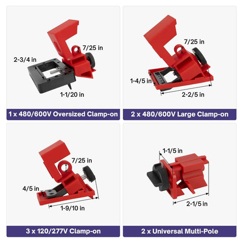 Lockout Tagout Kit For Electrical Safety Must Have With Hasps Clamp On And Universal Breaker Locks, 7131R, multiple clamps.