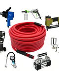 3/8 Inch By 100 Ft Heavy Duty Hybrid Air Compressor Hose lightweight kink free all weather flex with aluminum swivel coupler and red quick plug surrounded by tools.