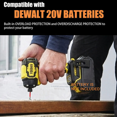 Person using Cordless Impact Driver 1/4 Inch Chuck, Ultra Compact 4-1/4 Inch Head, Lightweight 2.0 Lbs, Beefy Brushless Motor Delivers 2035 In-Lbs Torque, 4 Speed Settings, LED Work Light, Compatible With DeWalt 20V Batteries, Tool Only on wooden board