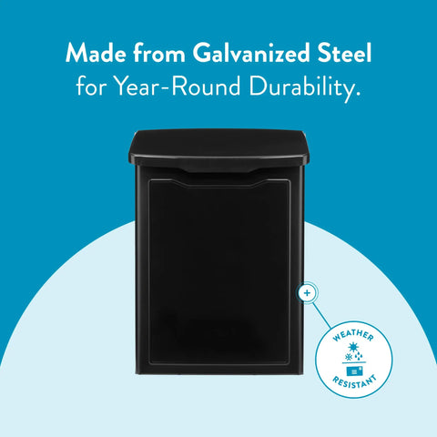 Front view of Black Marina Wall Mount Mailbox For Outdoor Use Small Weather Tough Galvanized Steel With Rust Resistant Powder Coat Finish All Weather Year Round Outdoor Mailbox That Stands Up To Rain Snow And Sun with durability text