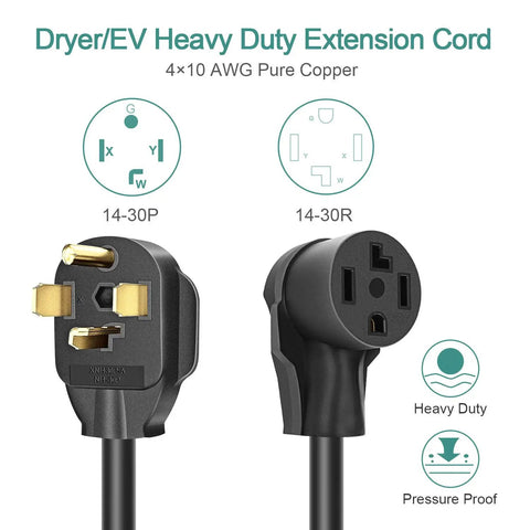 Heavy Duty Dryer Extension Cord 4 Prong 30 Amp NEMA 14 30P To 14 30R For Dryer Power And EV Charging 125 Volt To 250 Volt 10 Feet No Electrician Needed connectors detail