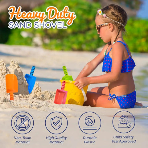 Child playing on beach with sandcastle and Kids Sand Shovel Bulk Pack 12 Heavy Duty Plastic Beach Shovels For Beach Day Chaos.
