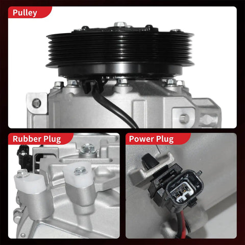 Heavy Duty Solid Air Conditioning Compressor With Clutch Direct Swap For Nissan Altima 2007 To 2012 Sentra 2007 To 2012 close-up of pulley, rubber plug, and power plug.