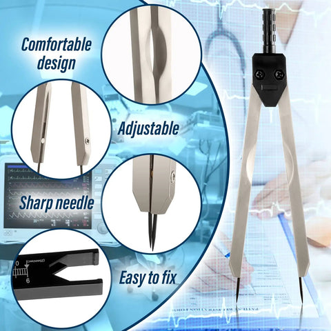 ECG Calipers With Ruler Black Measuring Tool For Nurses And Docs, stainless steel EKG caliper with sharp needle and ruler detail