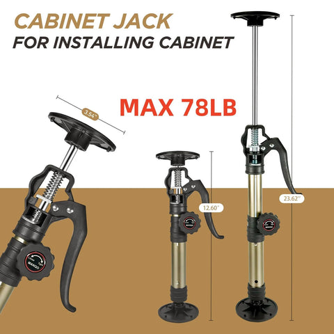 Two MANQO cabinet jacks in a 2-pack; adjustable steel posts from 12.60–23.62 in, 156 lb capacity.