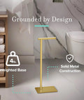 Freestanding Toilet Paper Holder Stand With Weighted Rectangle Base In Brushed Brass Finish For Modern Bathrooms, 22.25 Inch Tall
