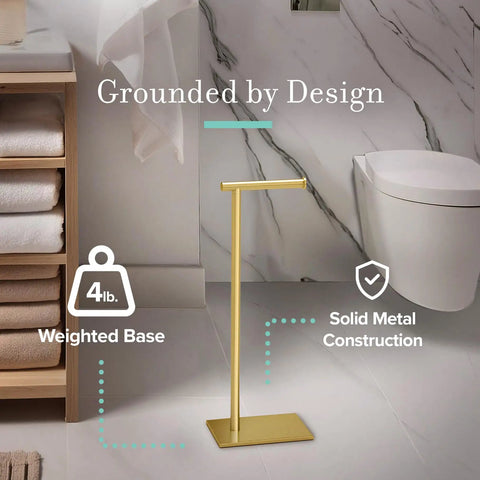 Freestanding Toilet Paper Holder Stand With Weighted Rectangle Base In Brushed Brass Finish For Modern Bathrooms, 22.25 Inch Tall