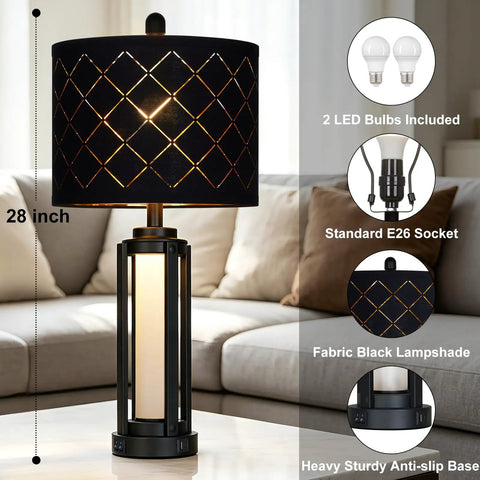 Dope 28 Inch Tall Modern Table Lamps Set Of 2 For Living Room And Bedroom Black Industrial Metal Frame With Warm Glow Night Light Easy Lampshade Assembly USB A And Type C Charging Ports, black fabric shade