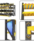 Heavy Duty Four Tier Garage Shelving Unit Built Tough With Diagonal Support Beams No Fuss Clutter Crusher Storage Rack For Workshop Basement Black Yellow Steel Frame showing tools and storage items.