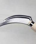 Long Handle Harvest Sickle For Weeding And Harvesting 32 Inch Stand Up Weeding Tool With Serrated Japanese Stainless Steel Blade Rust Resistant Back Saving Design For Thick And Tough Plants blade close-up