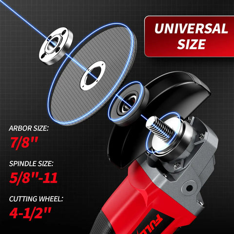 Cordless Angle Grinder Four And A Half Inch Beast Brushless Metal Grinder 12000 RPM with detailed view of parts and sizes
