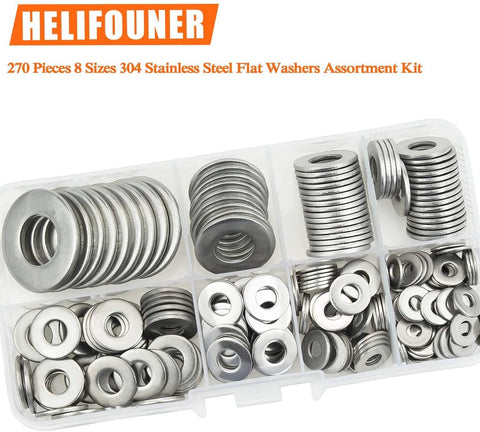 Helifouner flat washer set, 270-piece stainless steel washers in a clear organizer box (8 sizes)