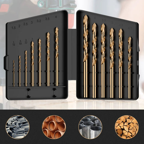 MACXCOIP cobalt drill bit set, 13 pcs, M35 HSS in black index storage case.
