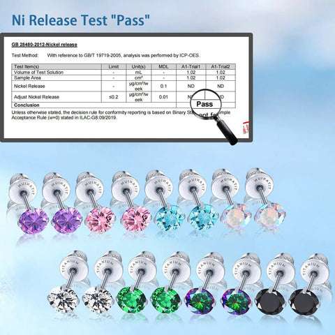 Skip The Itch With These Implant Grade G23 Titanium Screw Back Earrings Featuring Hypoallergenic Design And F136 Certified For Totally Sensitive Tolerant Ears While Delivering Premium Nickel Free Security And Long Lasting Wear Without Any Drama Or Redness - Nickel release test results 'Pass' with various colored CZ stones.