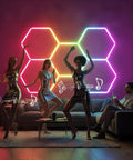Lit RGB Hexagon Garage Light Kit With 5 Panels, 25 Pack Color Changing LED Lights, Music Sync in living room setting