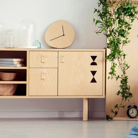 Light wood cabinet with visible 24 Pieces PVC Leather Drawer Pulls For Cabinets And Furniture, handmade light brown leather, brass screws.
