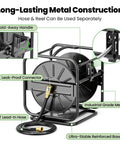 Garden Hose Reel With 360 Degree Swivel Base Holds 100 To 200 Ft Hoses Upgraded Guide System Includes 5/8 Inch By 6 Foot Leader Hose Wall Mount Or Floor Spool For Outdoor Yard No Fuss Roll And Neat Water Setup with fold-away handle and metal construction