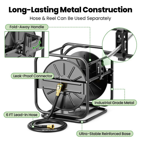 Garden Hose Reel With 360 Degree Swivel Base Holds 100 To 200 Ft Hoses Upgraded Guide System Includes 5/8 Inch By 6 Foot Leader Hose Wall Mount Or Floor Spool For Outdoor Yard No Fuss Roll And Neat Water Setup with fold-away handle and metal construction