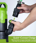 Person demonstrating quick-connect design on Three-Quarter HP Submersible Sump Pump with 3430 GPH for yard water removal
