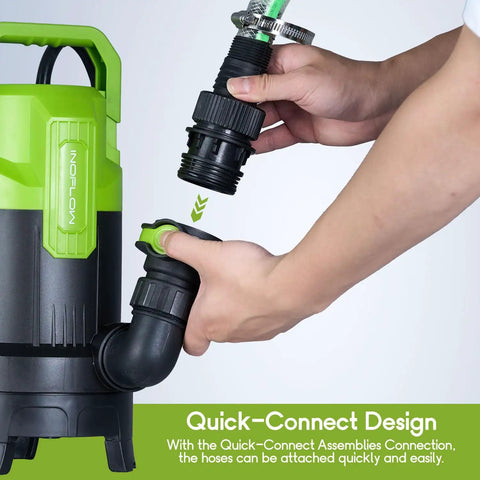Person demonstrating quick-connect design on Three-Quarter HP Submersible Sump Pump with 3430 GPH for yard water removal