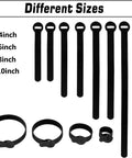 150 Piece Reusable Cable Ties Set With 4, 6, 8, 10 Inch Hook And Loop Straps in different sizes shown side by side