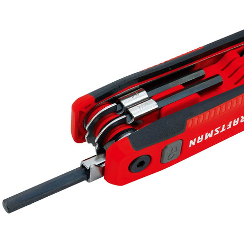 Folding Locking Hex Key Set Eight Piece SAE With Three Position Locking at 90 135 and 180 Degrees Durable Composite Handle