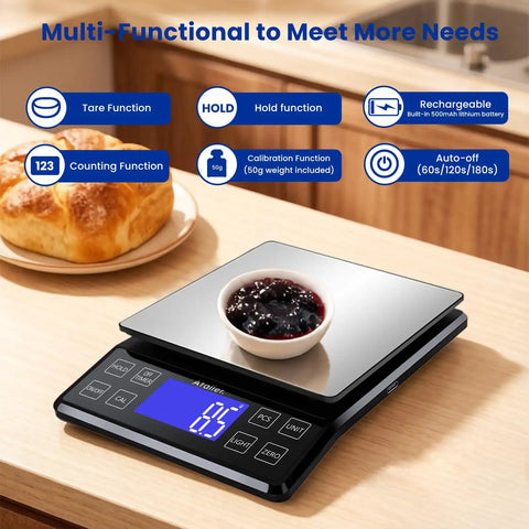 High Precision 5Kg Kitchen Scale With 0.1g Readings on countertop showing jam-filled bowl, tare and hold functions visible