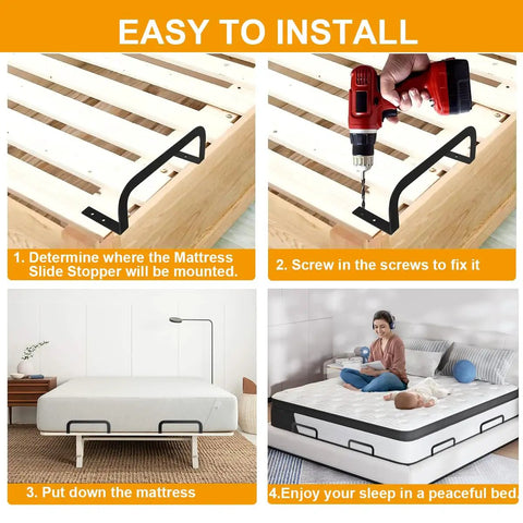 Installation steps for Heavy Duty Mattress Retainer Bars Four Pack on a wooden bed frame, showing drill and setup process.
