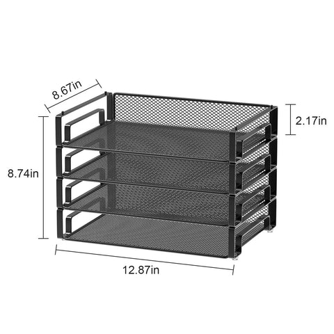 4 Pack Stackable Letter Paper Trays Desk File Organizer Mesh Sorter for Letter and A4 Folders with Non Slip Rubber Feet