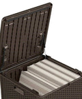 Open view of 60 Gallon Outdoor Storage Box in Java Resin, Weatherproof Deck Box for Cushions, showing interior space.
