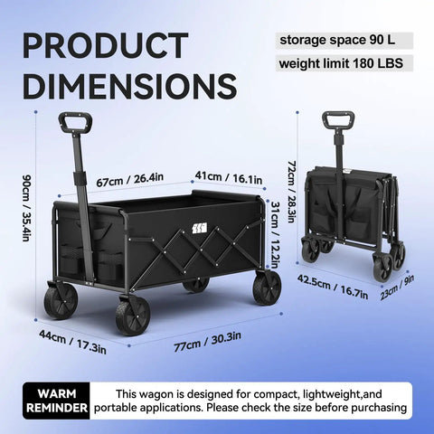 Collapsible Folding Wagon With 180lb Capacity Lightweight Utility Cart dimensions and storage size, featuring ergonomic handle and rugged wheels.