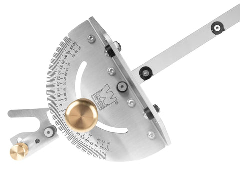 Close-up of a Heavy Duty Miter Gauge With 27 Positive Stops For Table Saws, Router Tables, And Band Saws, built from steel and brass.