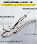Image of multifunctional locking pliers with adjustable tension knob, carbon steel jaw, labor-saving release, and 0.3 in opening width.
