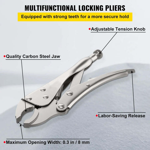 Image of multifunctional locking pliers with adjustable tension knob, carbon steel jaw, labor-saving release, and 0.3 in opening width.